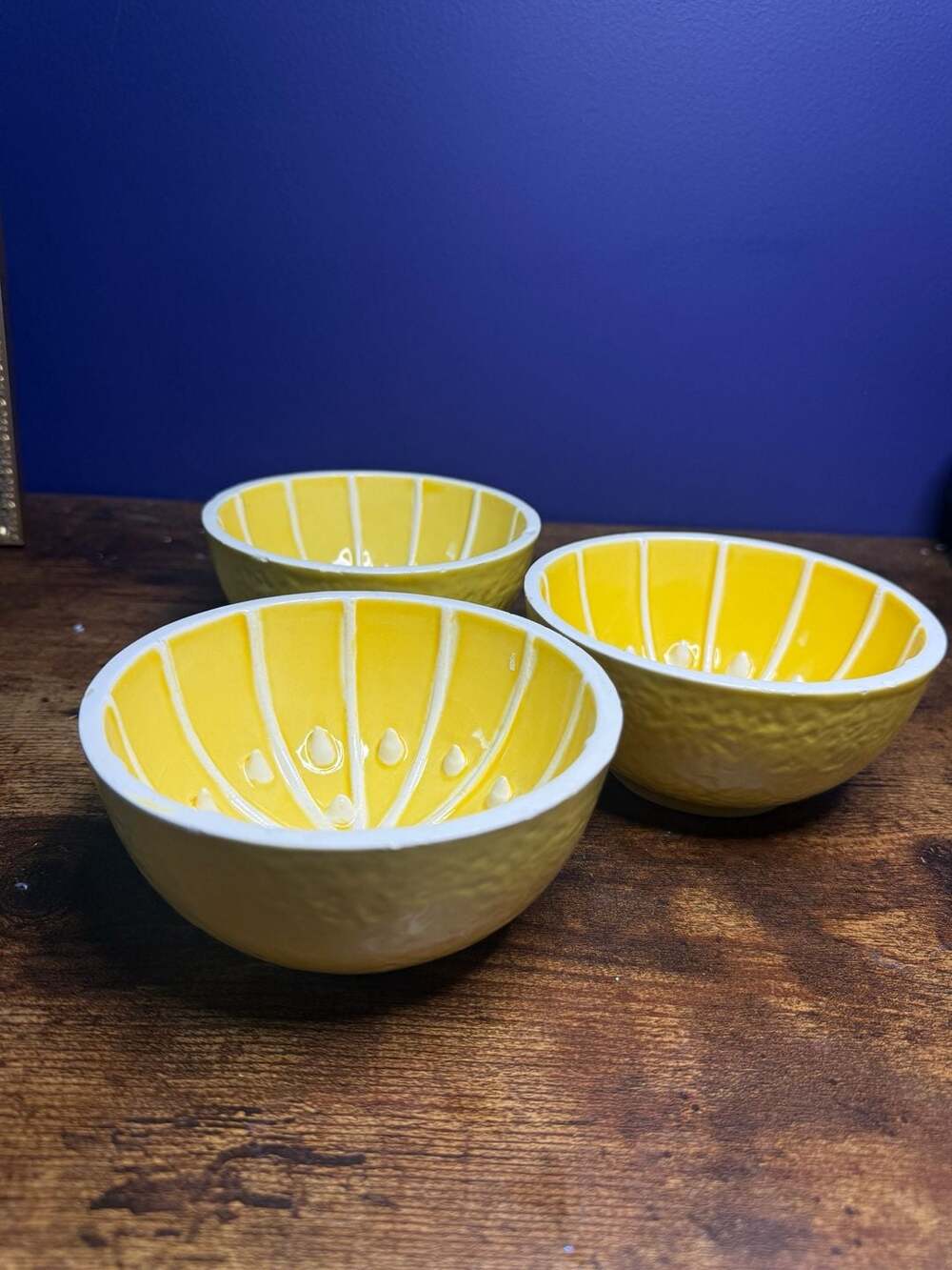 Set of 3 Vintage Ceramic Grapefruit or Lemon Figural Spiked Fruit Bowls